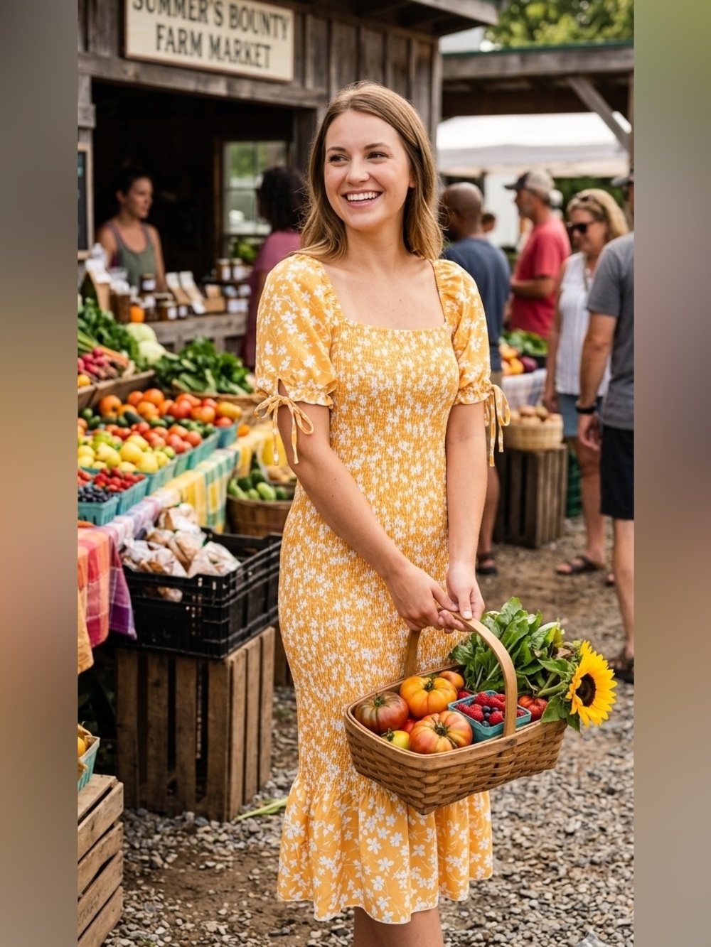 Orange & White Floral Smocked Dress - Elastic Shirred Detail